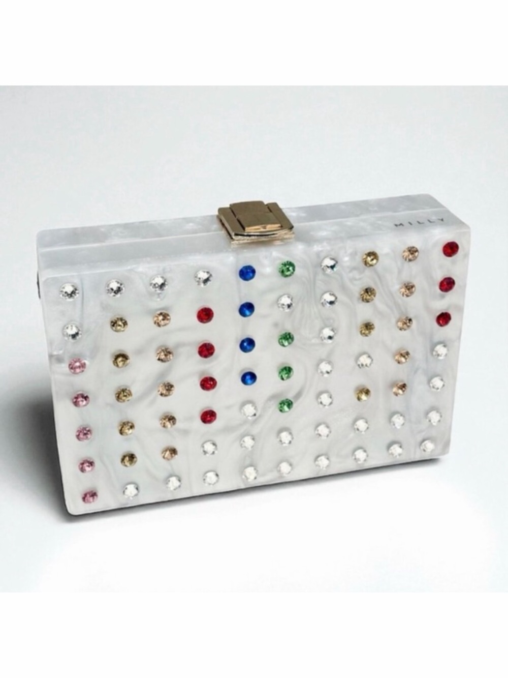 Milly Box Acrylic Clutch Swarovski Crystal Rainbow Stripe Removable Chain